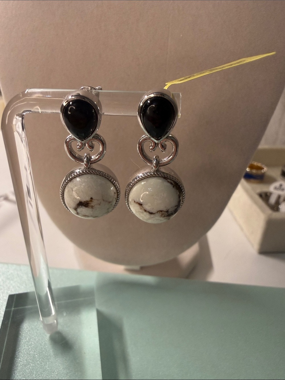 Sterling Silver Drop Earrings with Black Onyx and White Magnesite